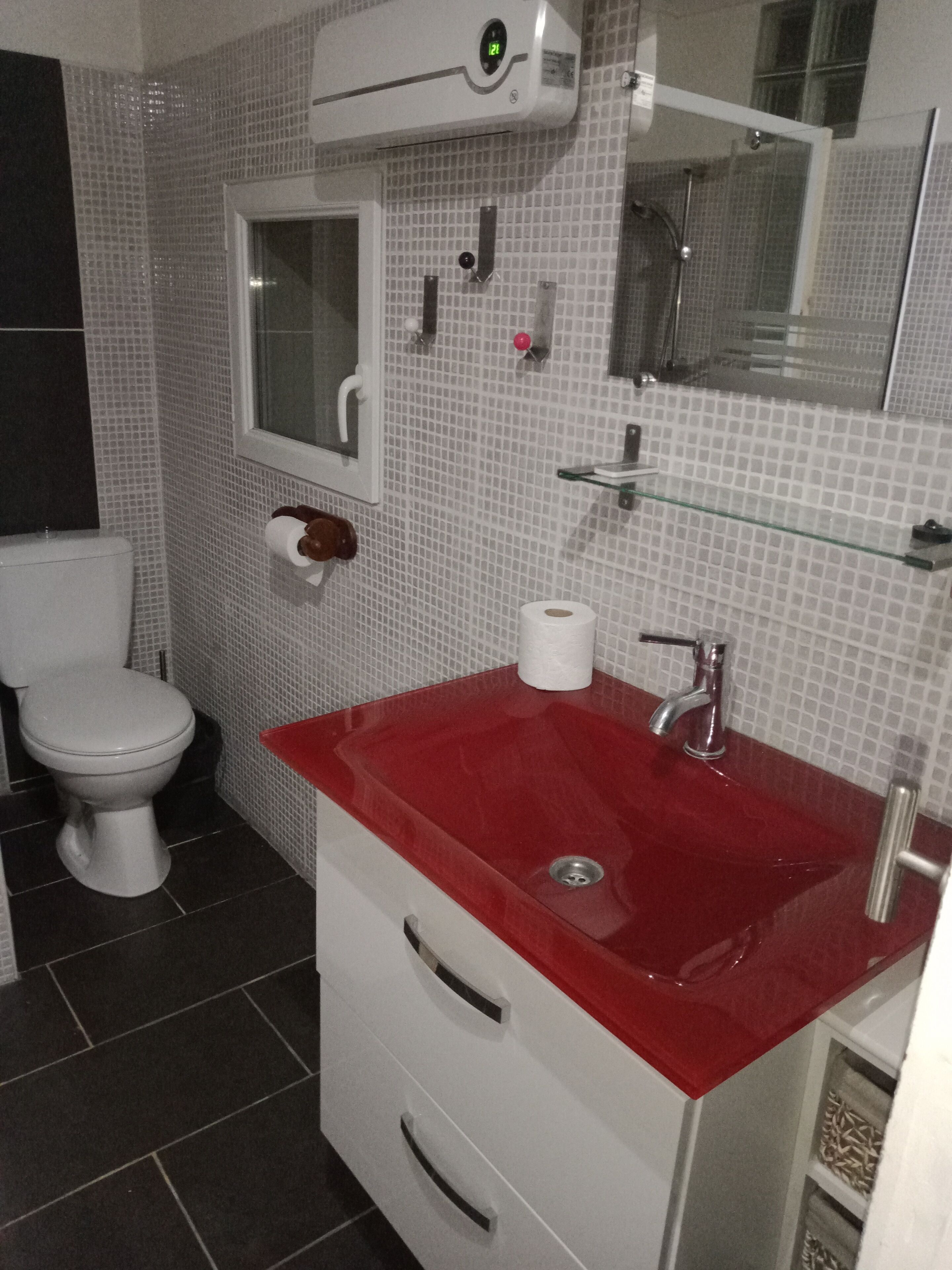 Douche, sèche-cheveux, serviettes fournies, papier toilette