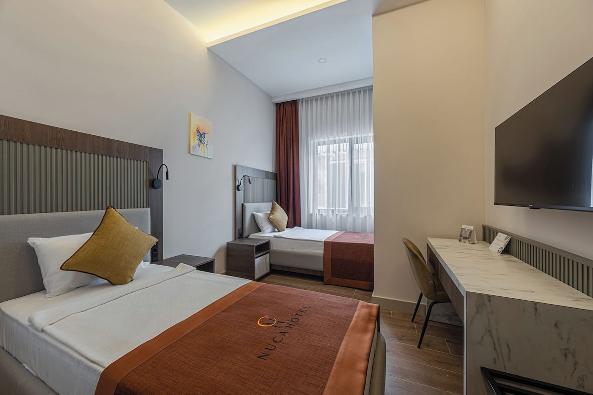 Habitación de hotel con dos camas, un escritorio, un televisor y una ventana con cortinas.