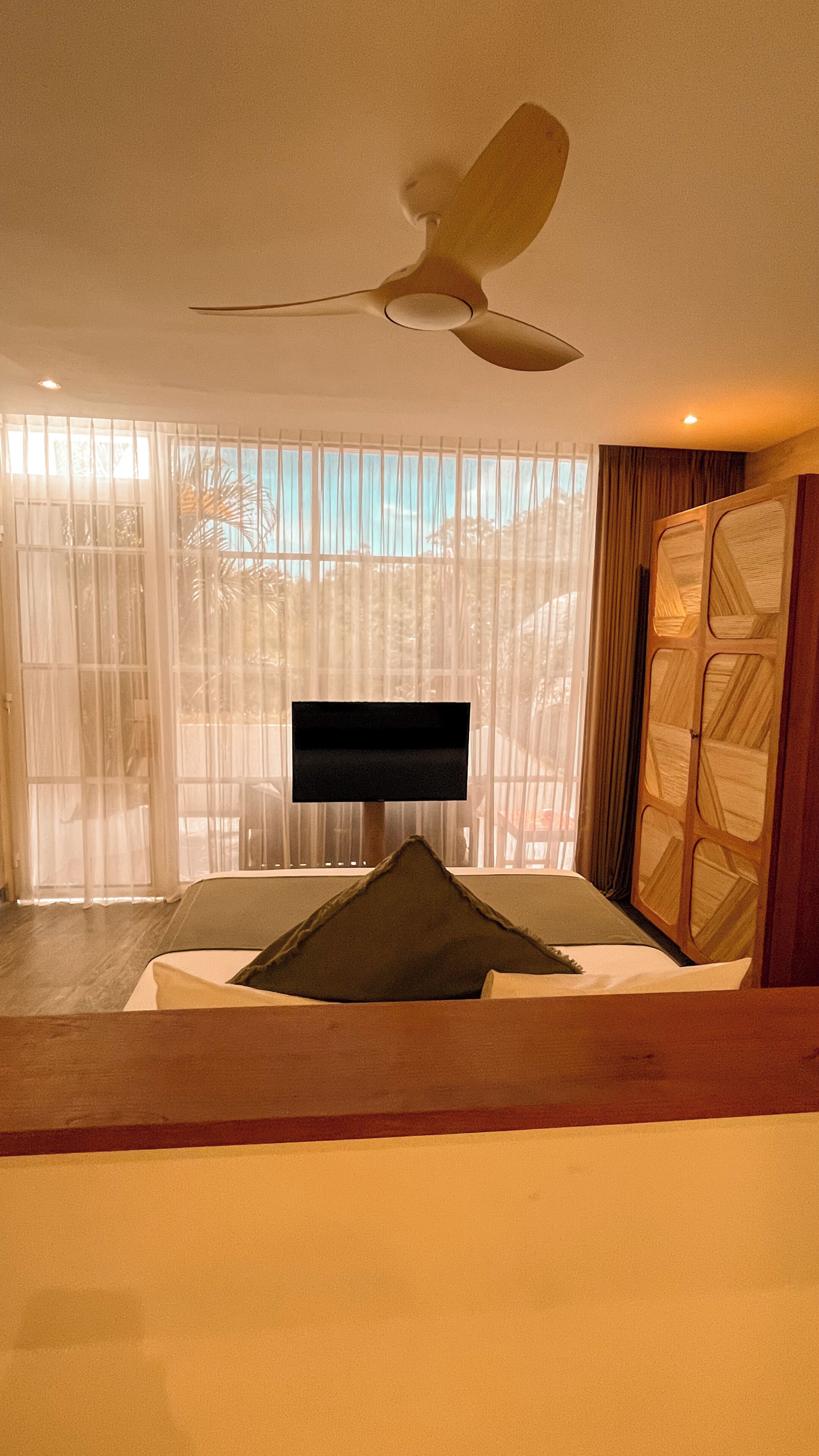 A bedroom with a bed, a ceiling fan, a TV, and a window with curtains.