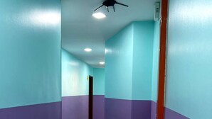 A hallway with teal and purple walls, a ceiling fan, and a door at the end.