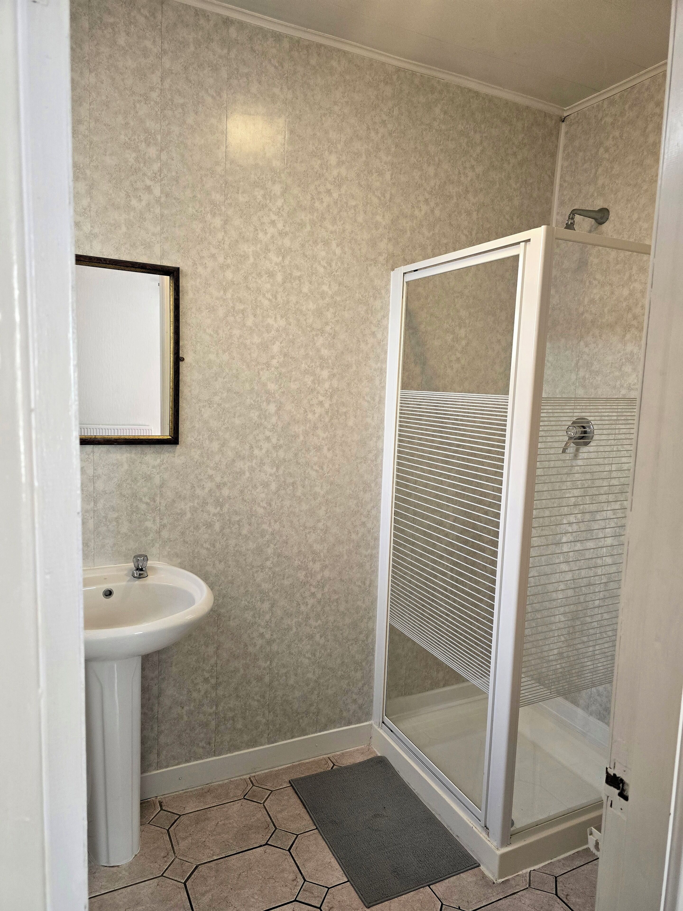 Une salle de bain avec une douche, un lavabo et un miroir.