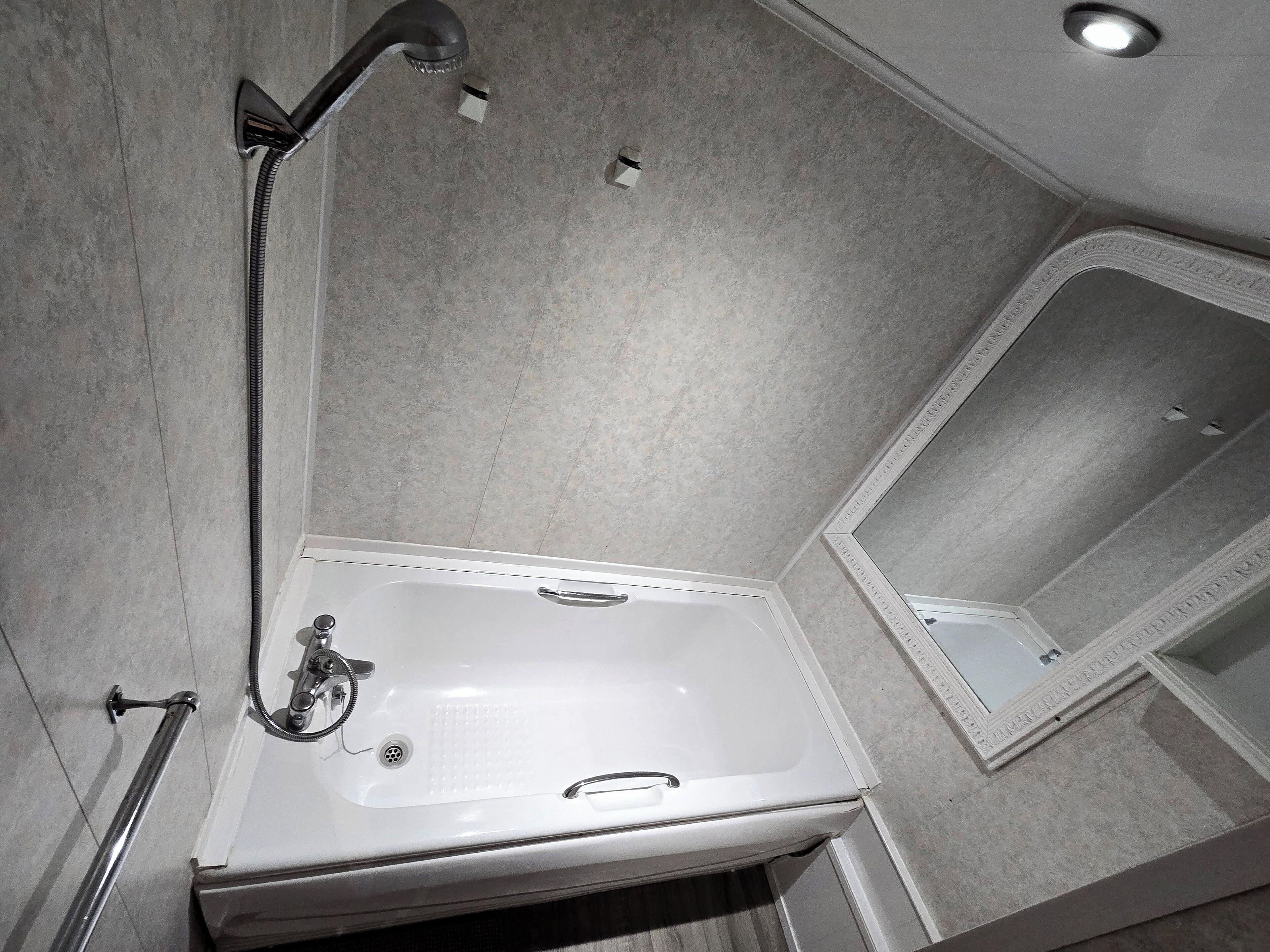 A bathroom with a white bathtub, a handheld showerhead, and a mirror.