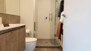 Dusche, Hydromassagedusche, Handtücher, Seife