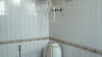 Shower, rainfall showerhead, towels, soap