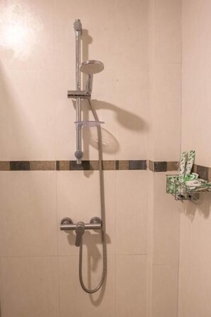 Une douche équipée d’un pommeau de douche à main et d’un pommeau de douche fixe.