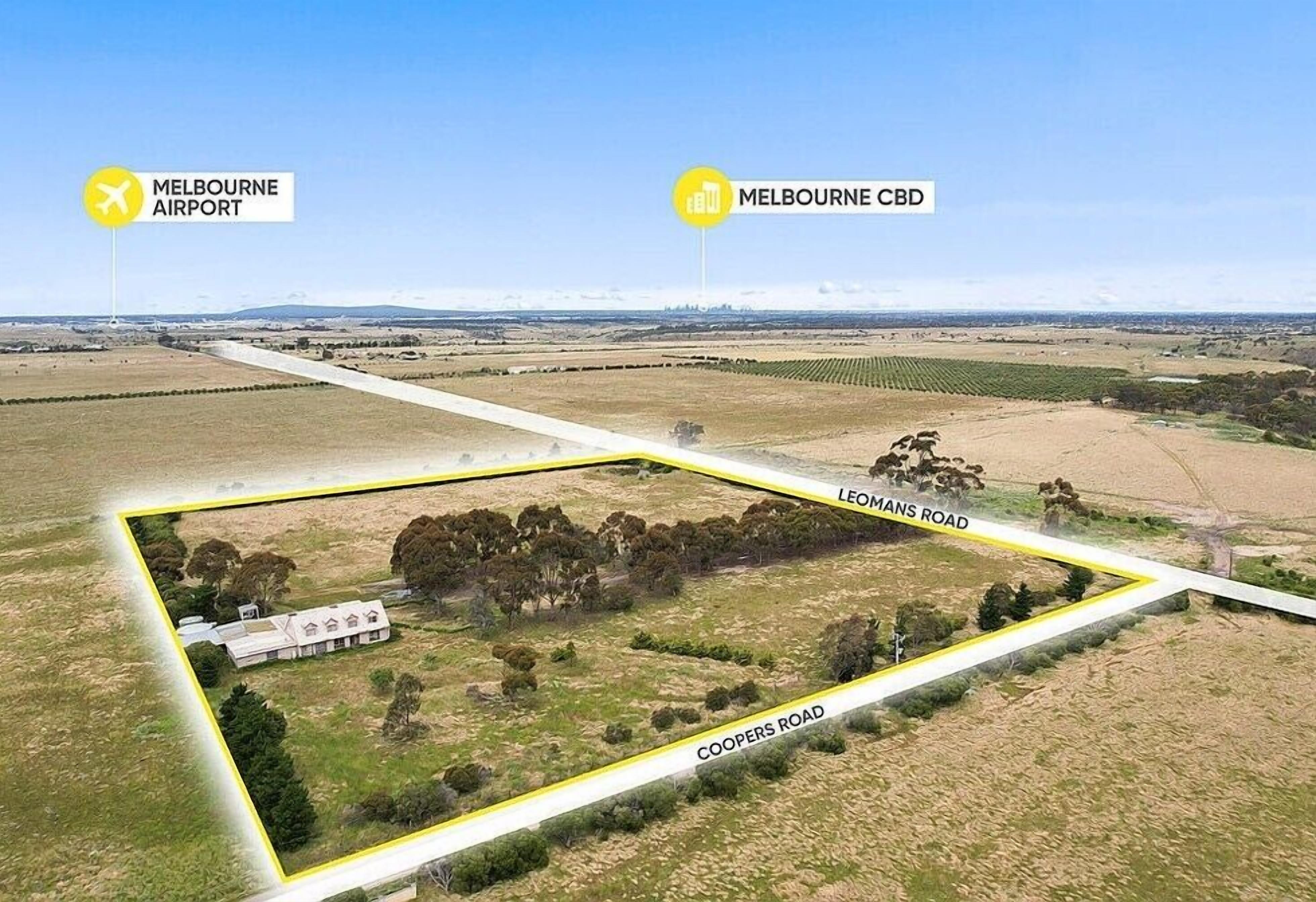 Vue aérienne d’une propriété comprenant un grand bâtiment, des rues nommées « Leomans Road » et « Coopers Road », et un panneau indiquant « Melbourne CBD ».