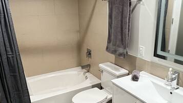 Hair dryer, towels, soap, toilet paper