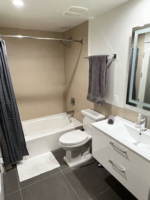 Hair dryer, towels, soap, toilet paper