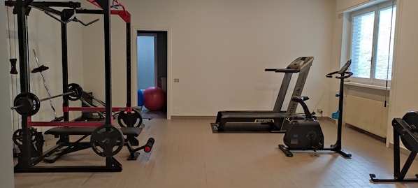 A gym with a weight bench, squat rack, treadmill, and exercise balls.