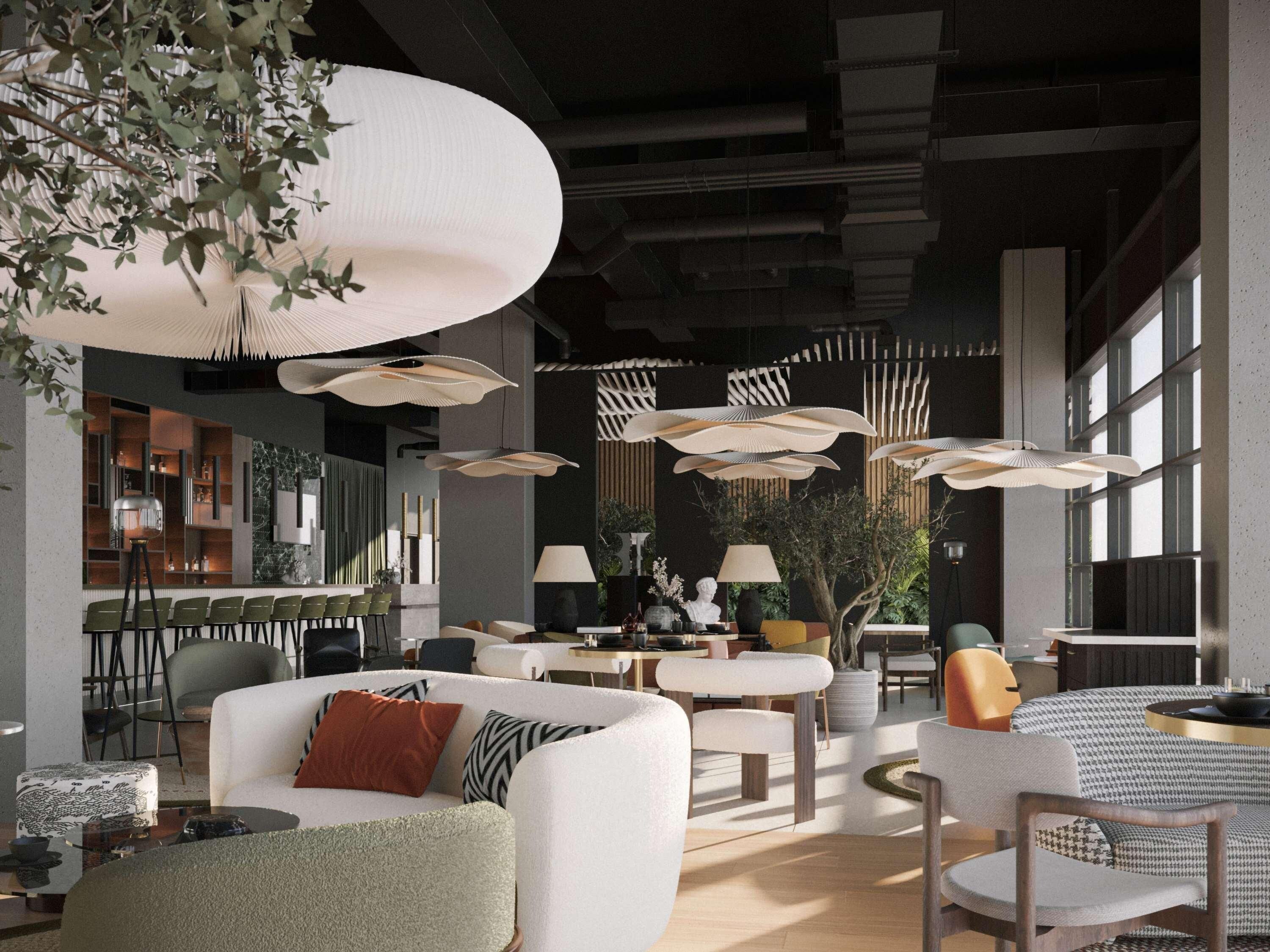 Un interior moderno con una zona de bar, diferentes disposiciones de asientos y lámparas de techo originales.