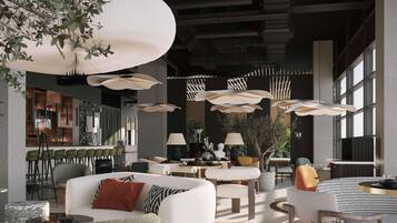 Un interior moderno con una zona de bar, diferentes disposiciones de asientos y lámparas de techo originales.