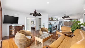 Smart TV, books, music library, stereo