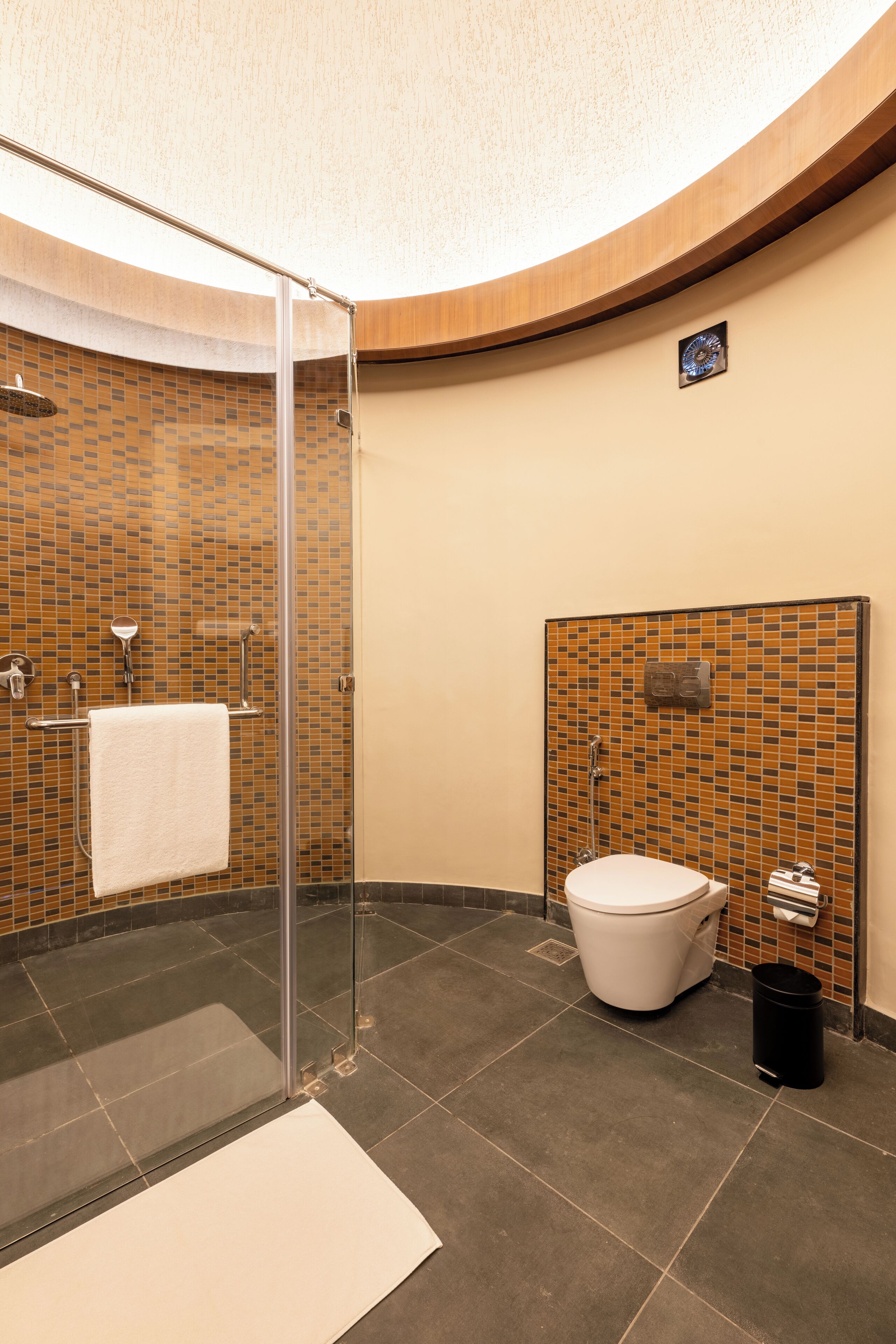 A modern bathroom with a glass shower enclosure, a toilet, and a sink.