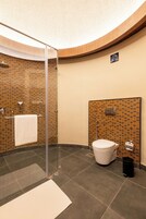 A modern bathroom with a glass shower enclosure, a toilet, and a sink.