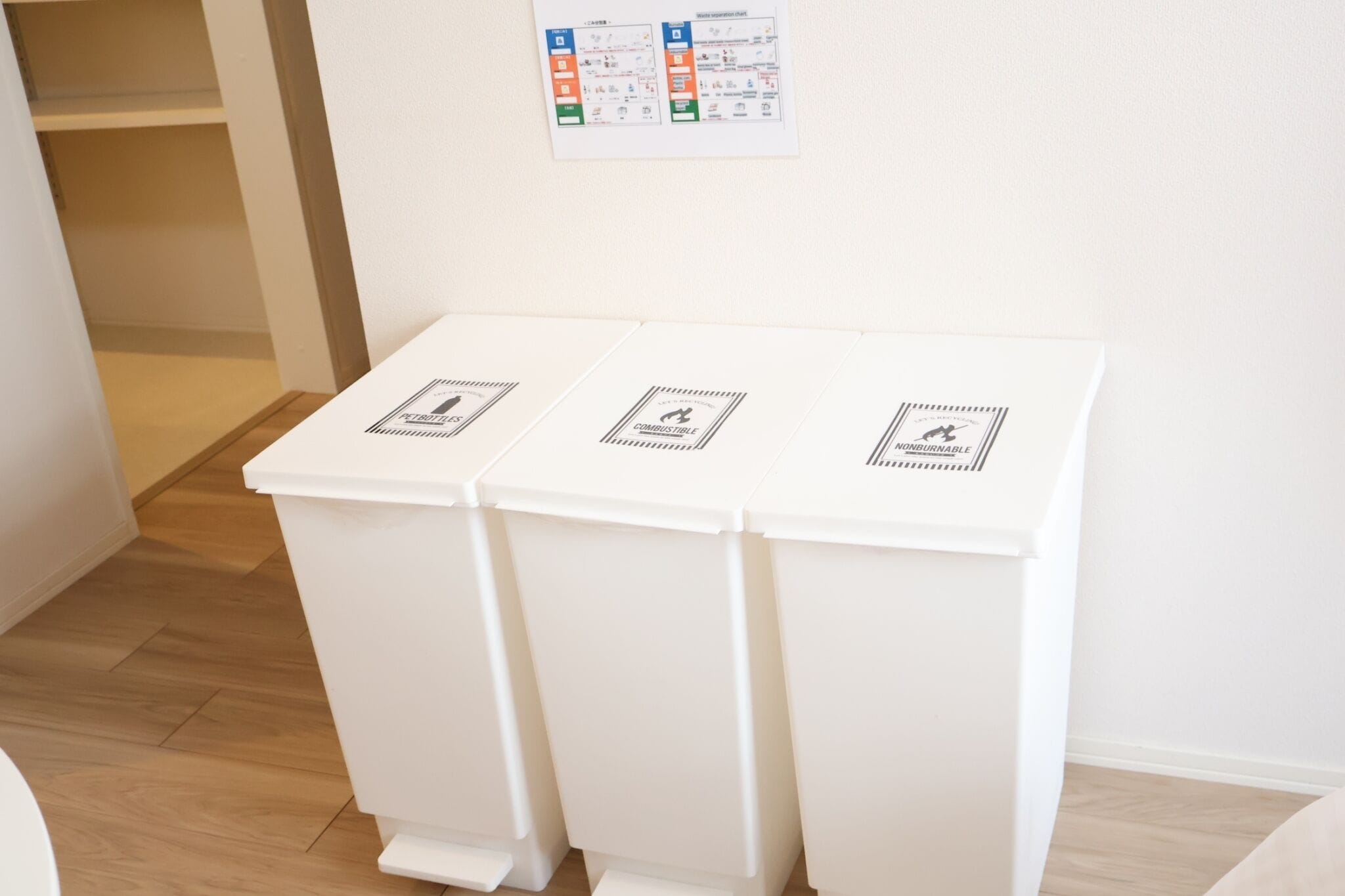 Three white trash bins with recycling symbols on a white wall.