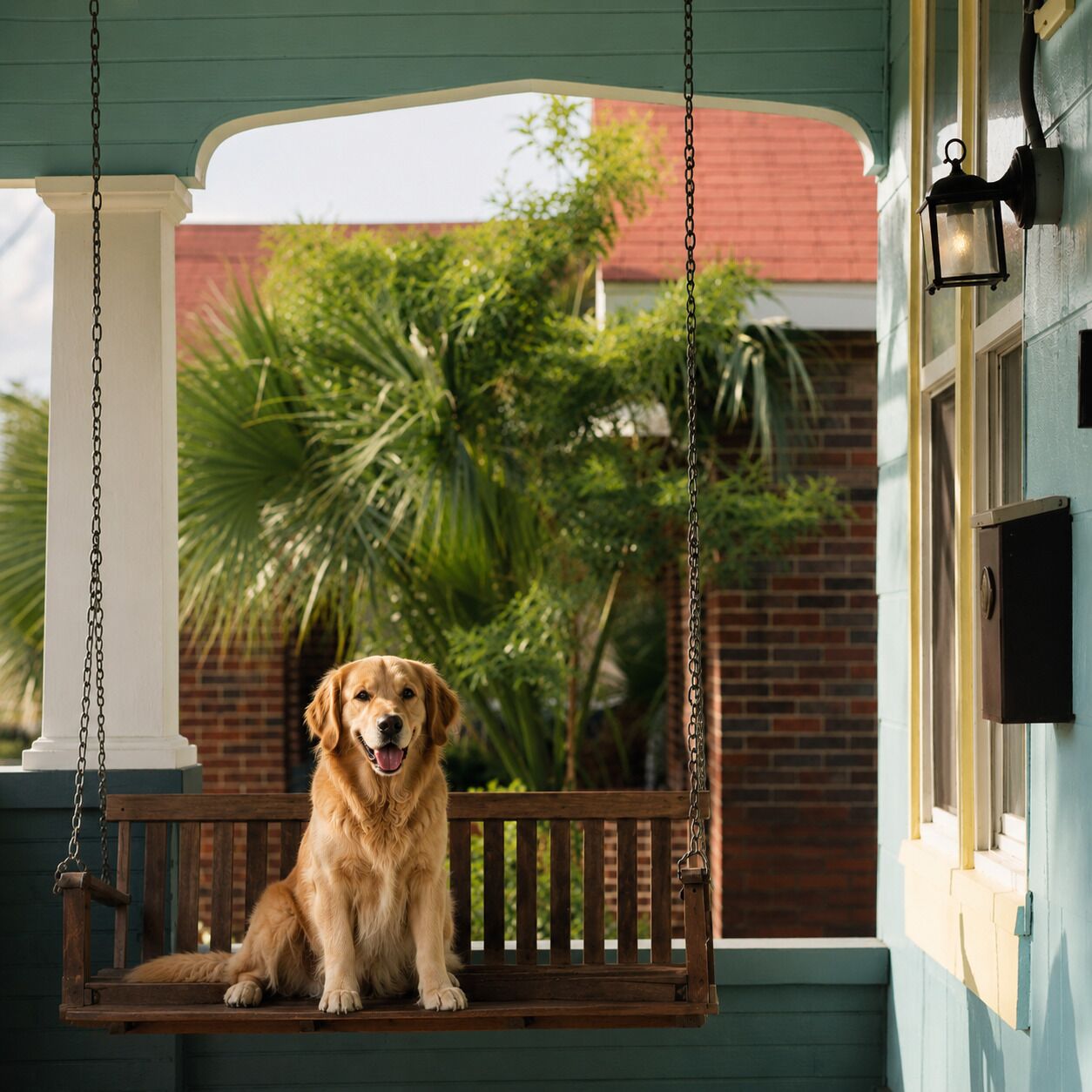 A dog sitting on a wooden swing with a porch and a brick wall in the background.