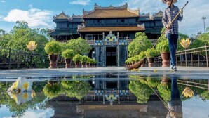 Un edificio tradicional reflejado en el agua, rodeado de plantas en macetas.