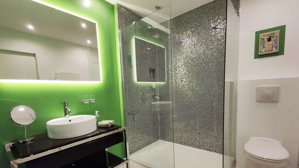 A modern bathroom with a green wall, a white sink, a glass shower enclosure, and a toilet. - La Demeure de Saint Fiacre (Saint-Fiacre-sur-Maine)