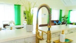 A kitchen with a gold faucet, a white countertop, and a green plant in the background.