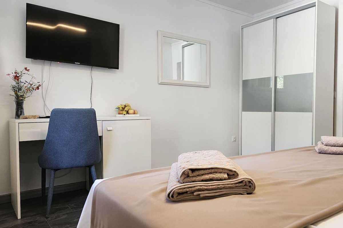 Habitación de hotel con cama, escritorio, silla, televisor y armario.