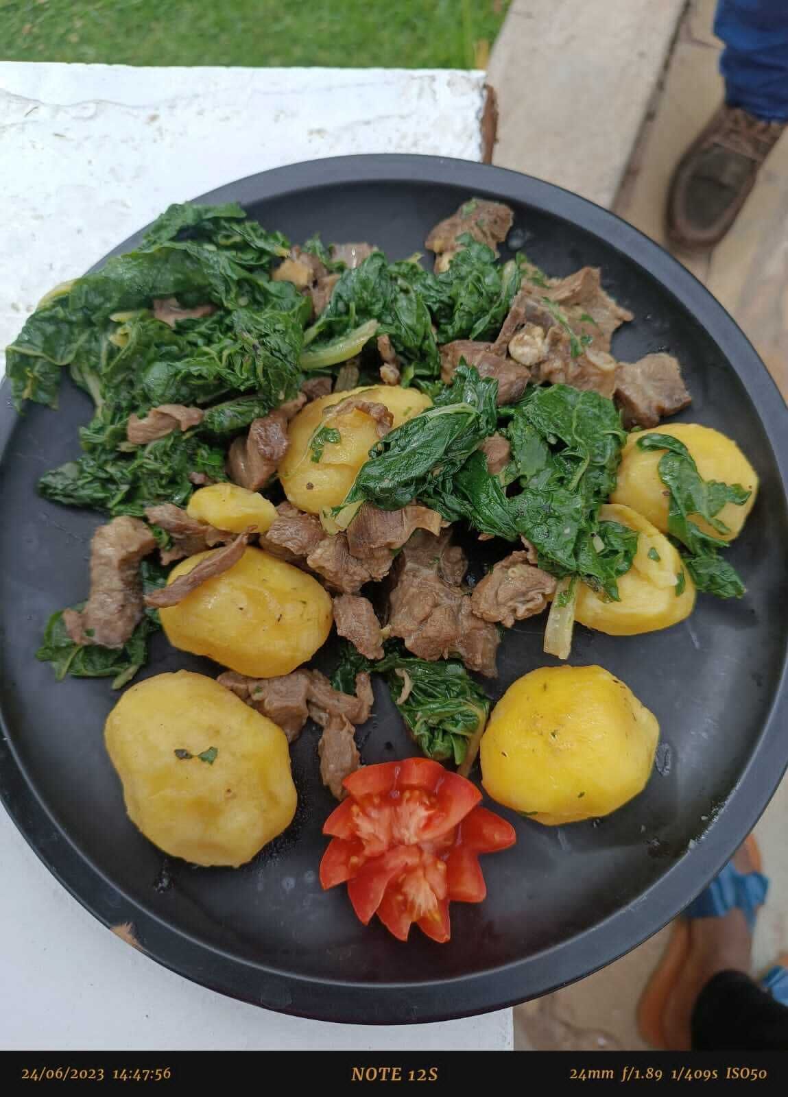 A plate of food with meat, potatoes, and greens.