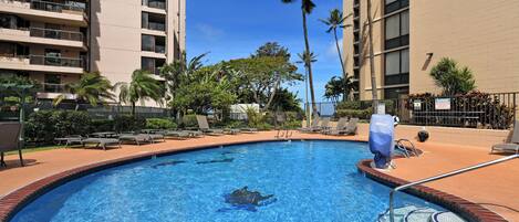 A swimming pool with lounge chairs and palm trees, surrounded by buildings.