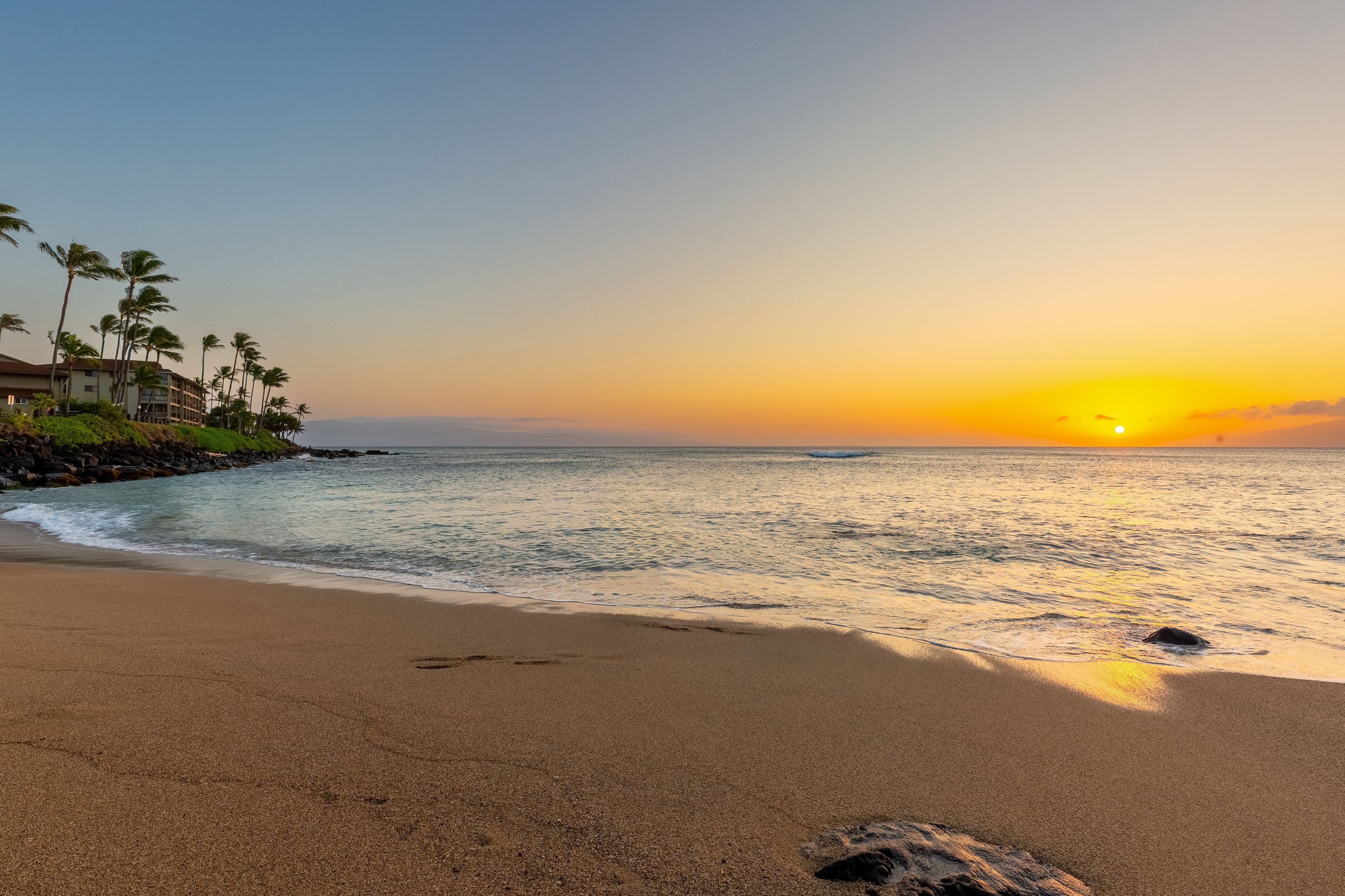 Una playa con un atardecer, palmeras y un edificio a la izquierda.