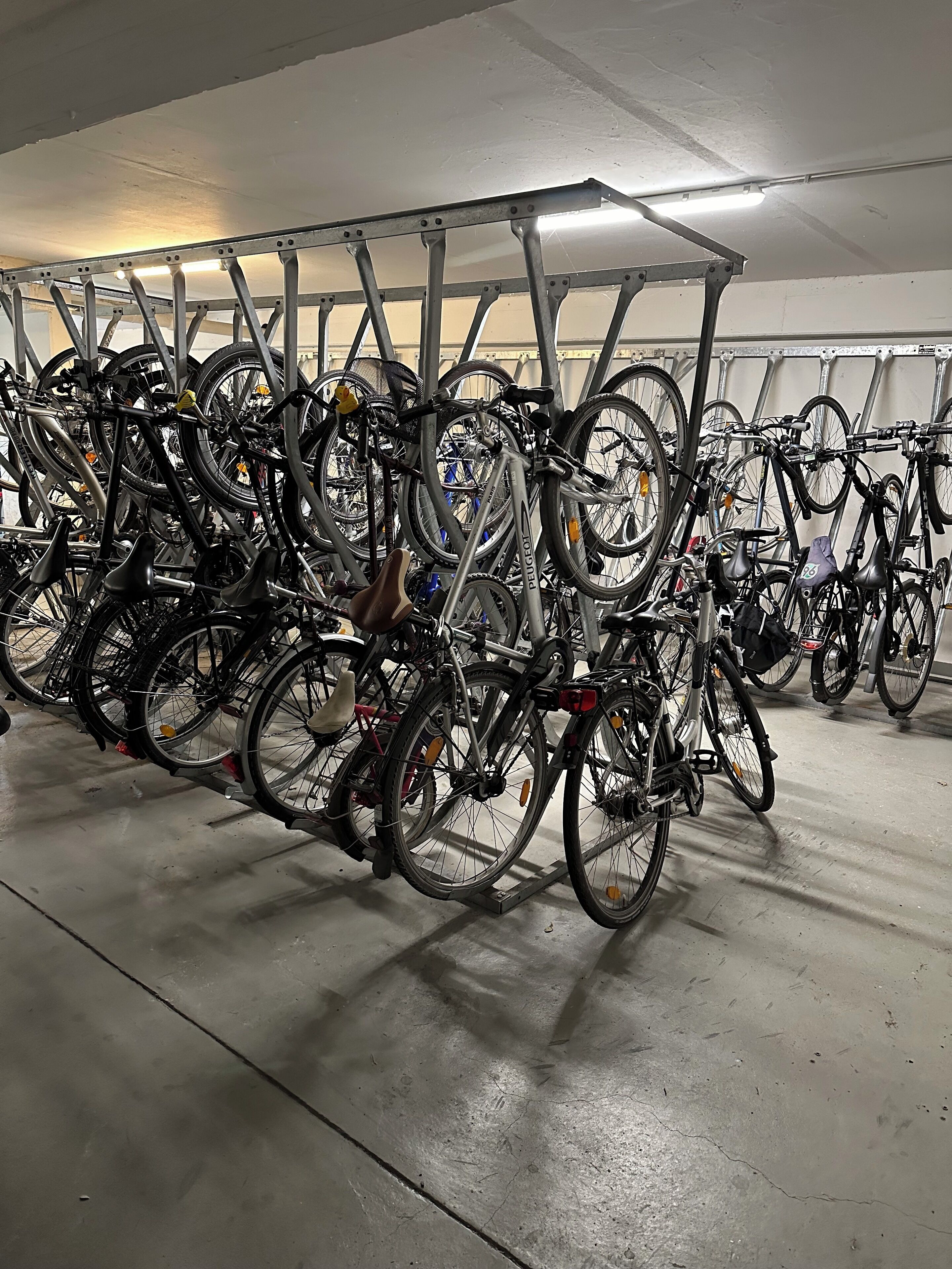 Ett område för cykelparkering med flera cyklar som är fastlåsta vid metallställ.