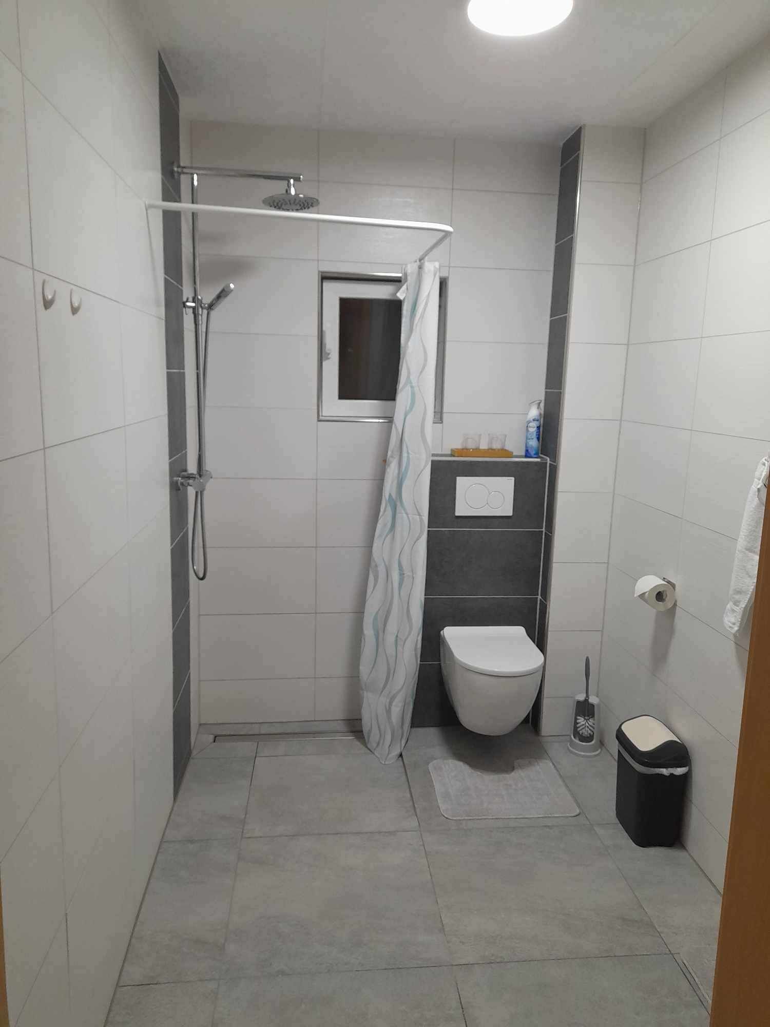 Een douche, een haardroger, handdoeken, zeep