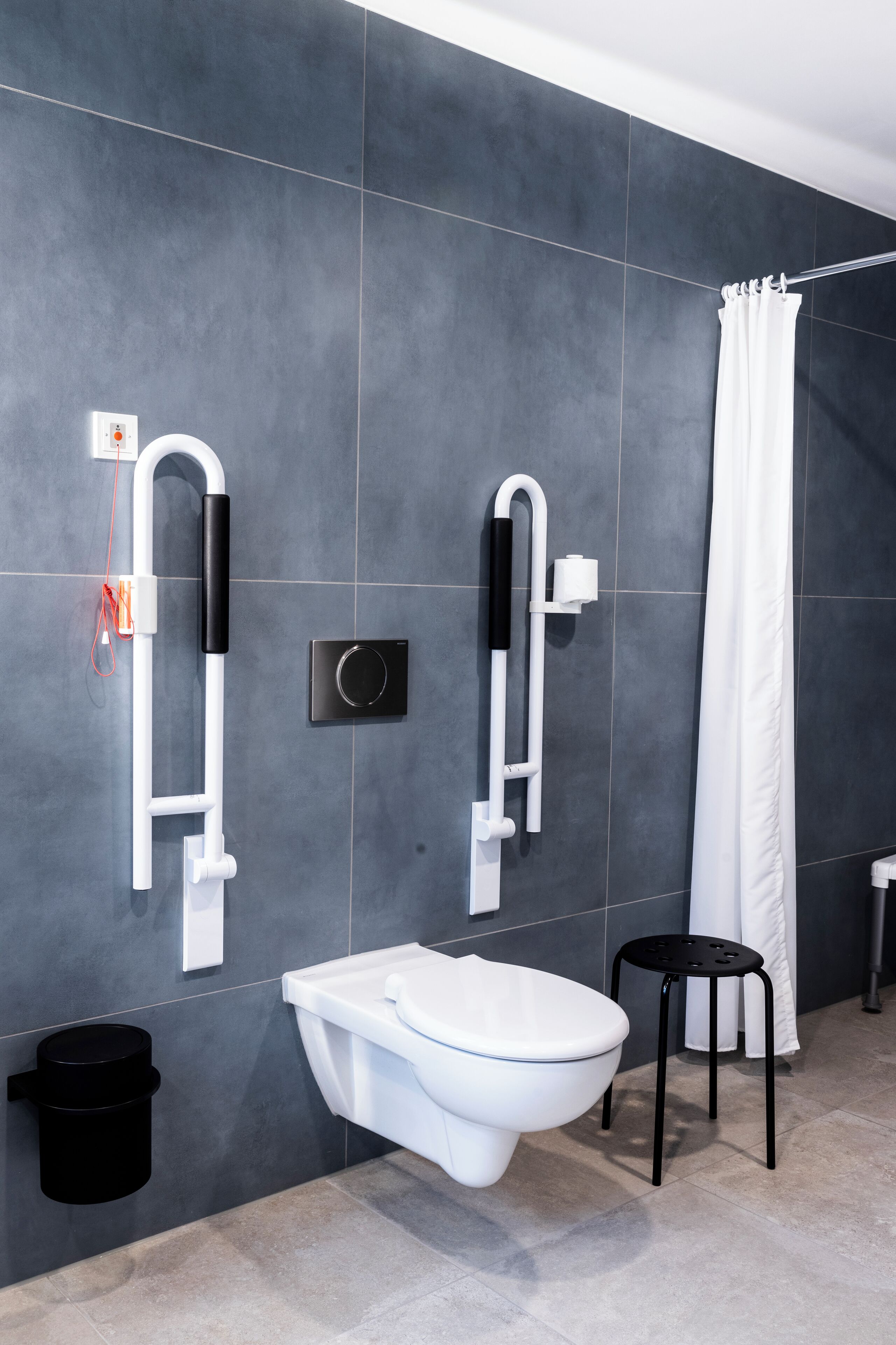 A modern bathroom with a toilet, bidet, and handrails.