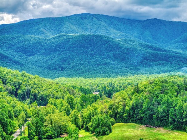 A mountainous landscape with dense forest and a small building in the foreground.