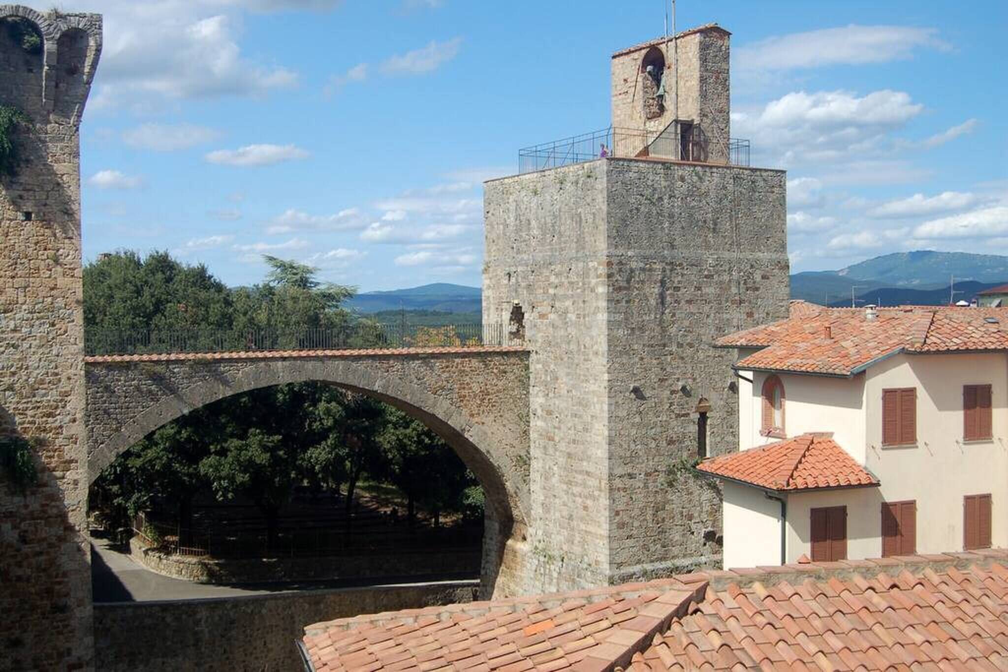 A stone bridge with an arch, a tower, and buildings with red-tiled roofs.