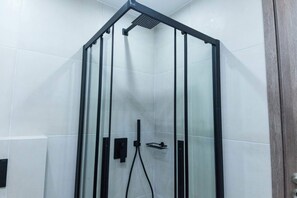 Shower, hair dryer, towels, shampoo