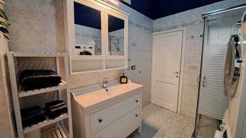 Shower, hair dryer, bidet, towels