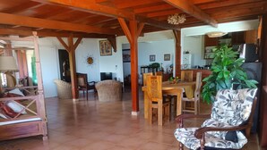 Un'ampia zona giorno con soffitto in legno, un tavolo da pranzo con sedie, un divano e una grande pianta in vaso.