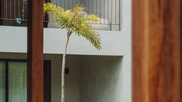 A modern outdoor seating area with a white chair and a small tree.