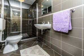 A modern bathroom with a toilet, sink, and shower. - Villa Pave (Konavle)