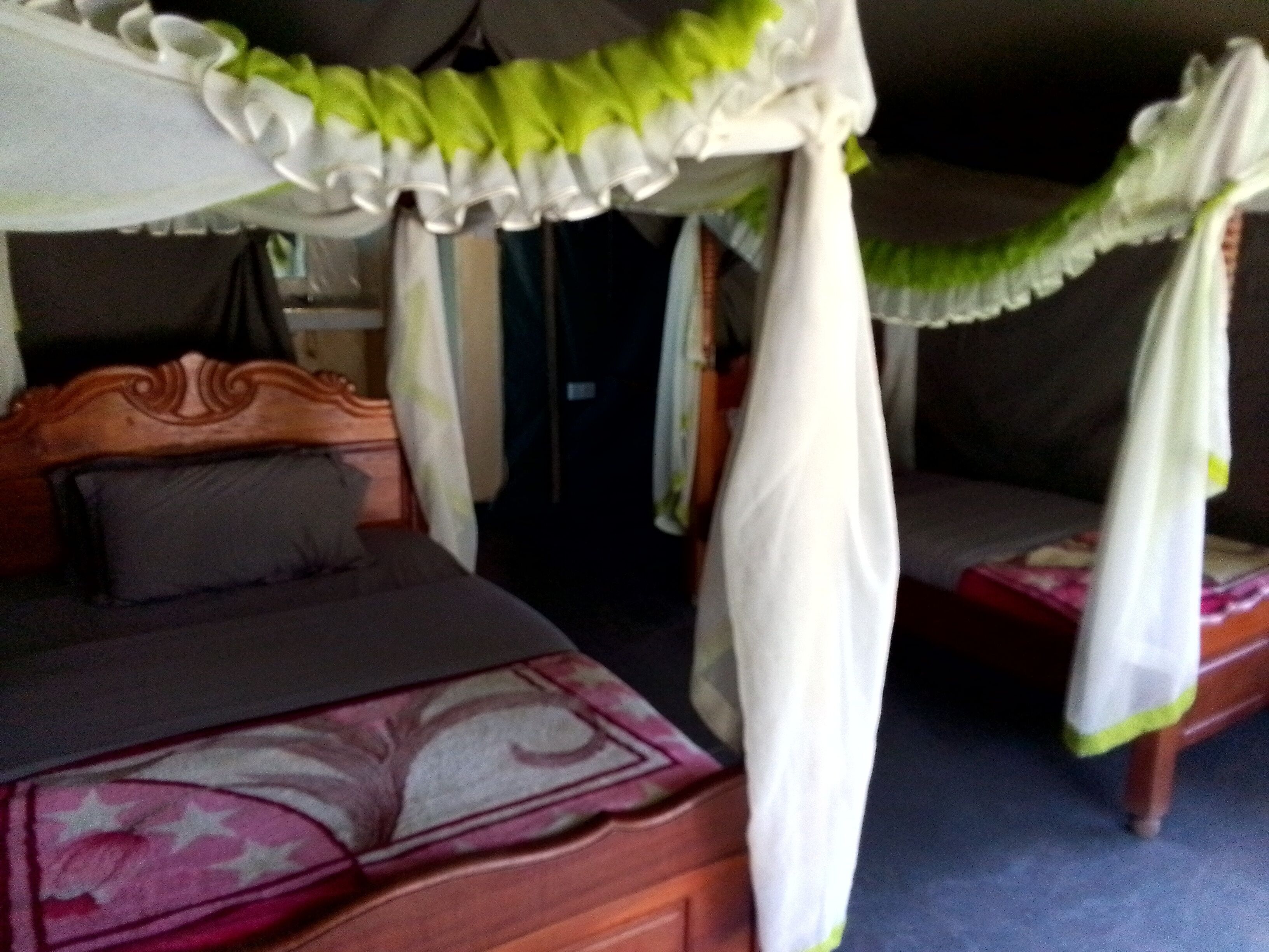 Un dormitorio con cama con dosel, dosel y mesita de noche con lámpara.