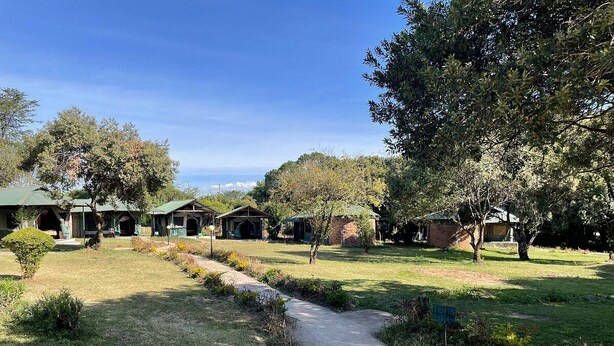 Un camping con varias cabañas, un sendero de tierra y una zona verde.