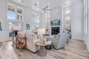 Smart TV, fireplace, DVD player, books