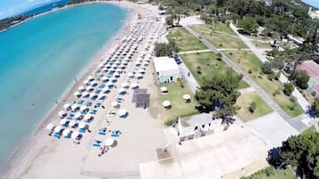 On the beach, sun-loungers, beach towels