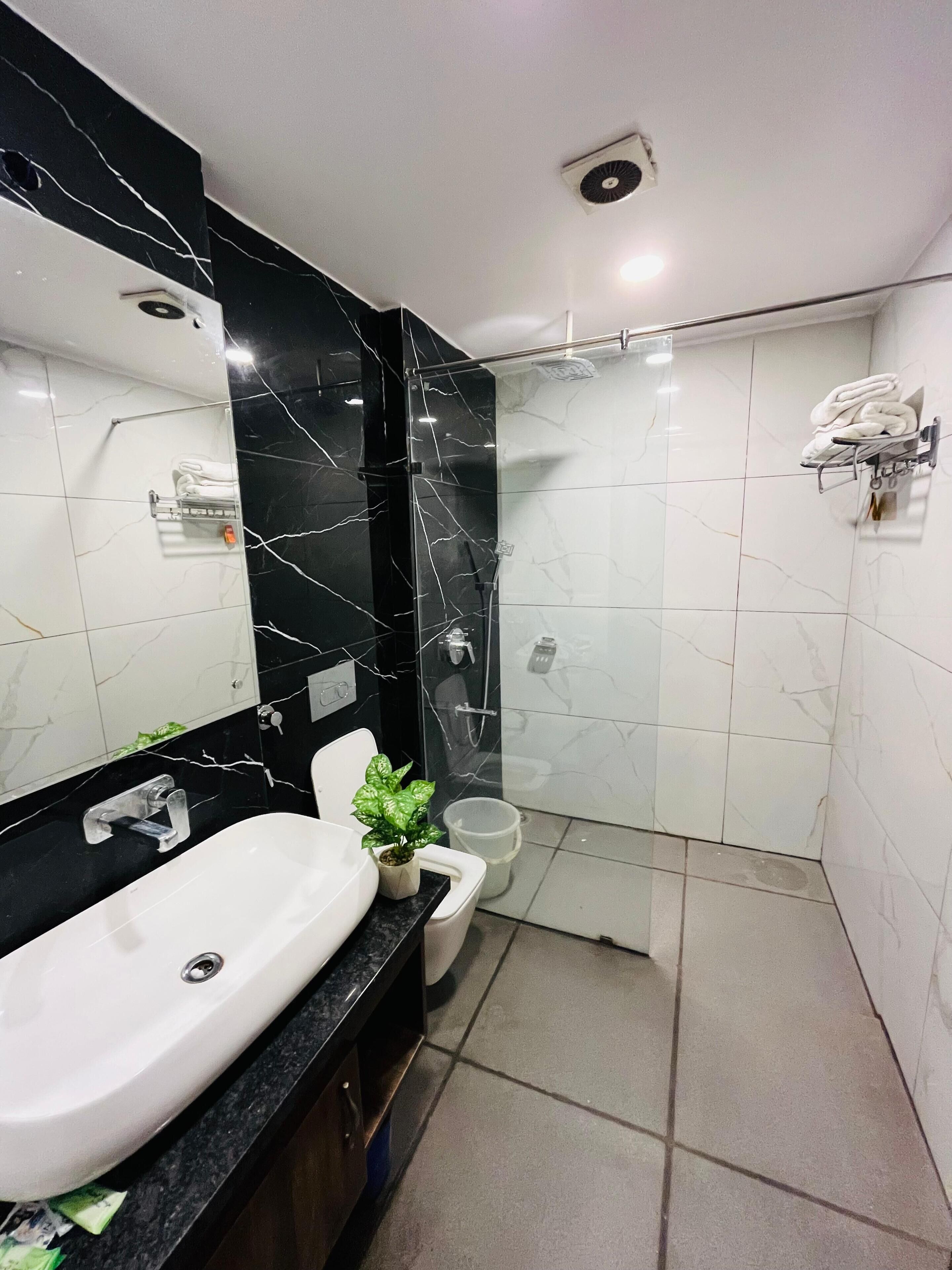 A modern bathroom with a black marble vanity, a white sink, a glass shower enclosure, and a small potted plant.