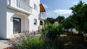A white building with a balcony, a door, and a garden with lavender plants. - Apartments Lemeš (Janjina)