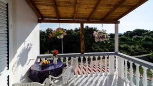 A covered balcony with a table and chairs, a view of greenery, and hanging flower baskets. - Apartments Lemeš (Janjina)