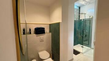 Une salle de bain moderne avec une douche à parois de verre, un lavabo blanc et des toilettes.
