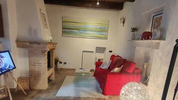 Smart TV, caminetto, libri