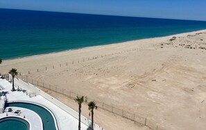 Ein Strand mit Poolbereich, Palmen und einem Zaun.