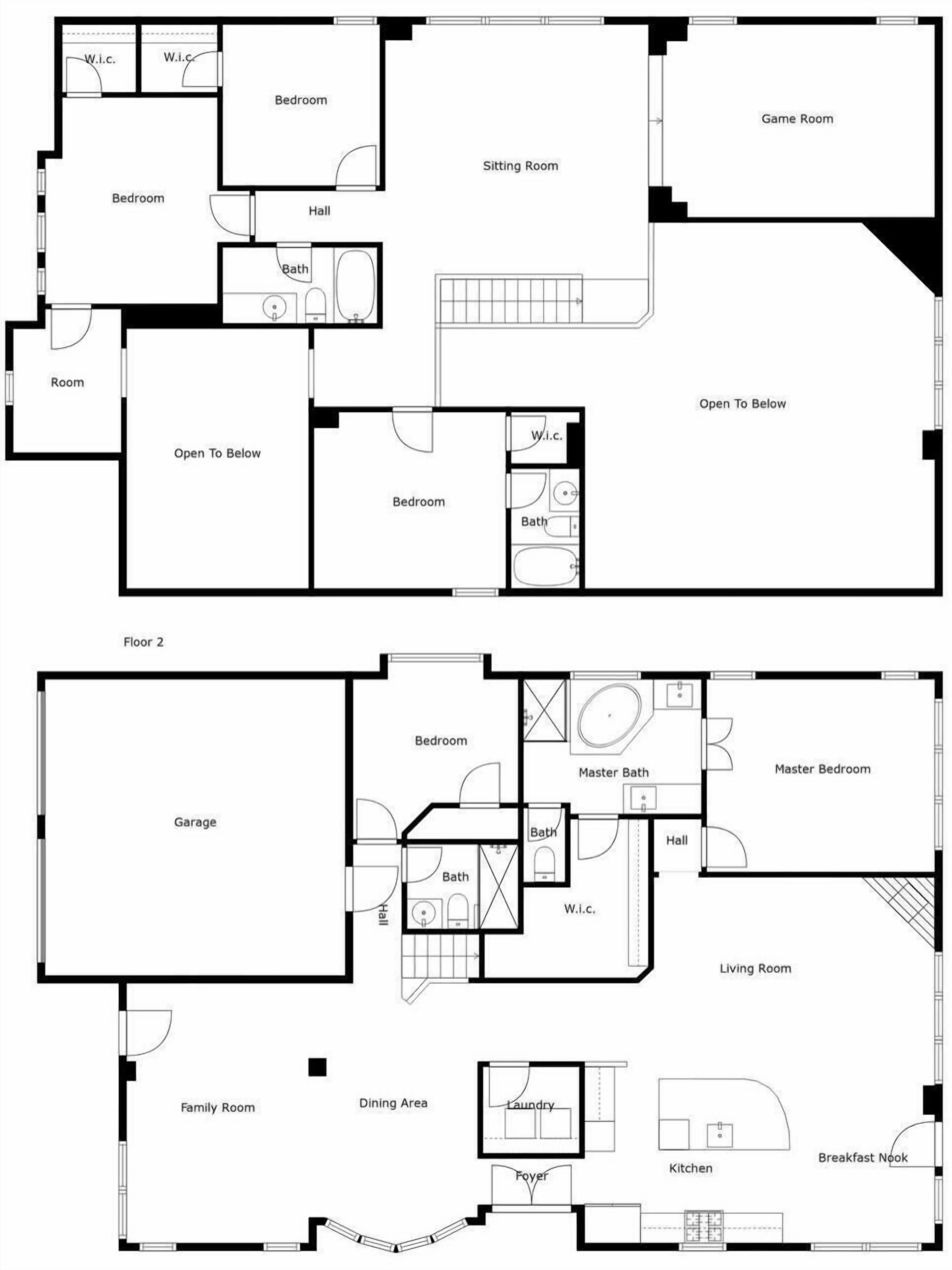 Un plan d’étage d’un hôtel comprenant plusieurs chambres, un salon, une salle de jeux, une salle familiale, un coin repas, une buanderie et une cuisine.