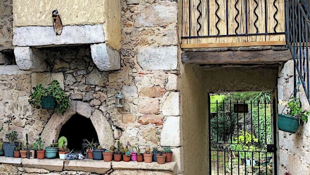 A stone building with a fireplace, potted plants, and a metal gate.