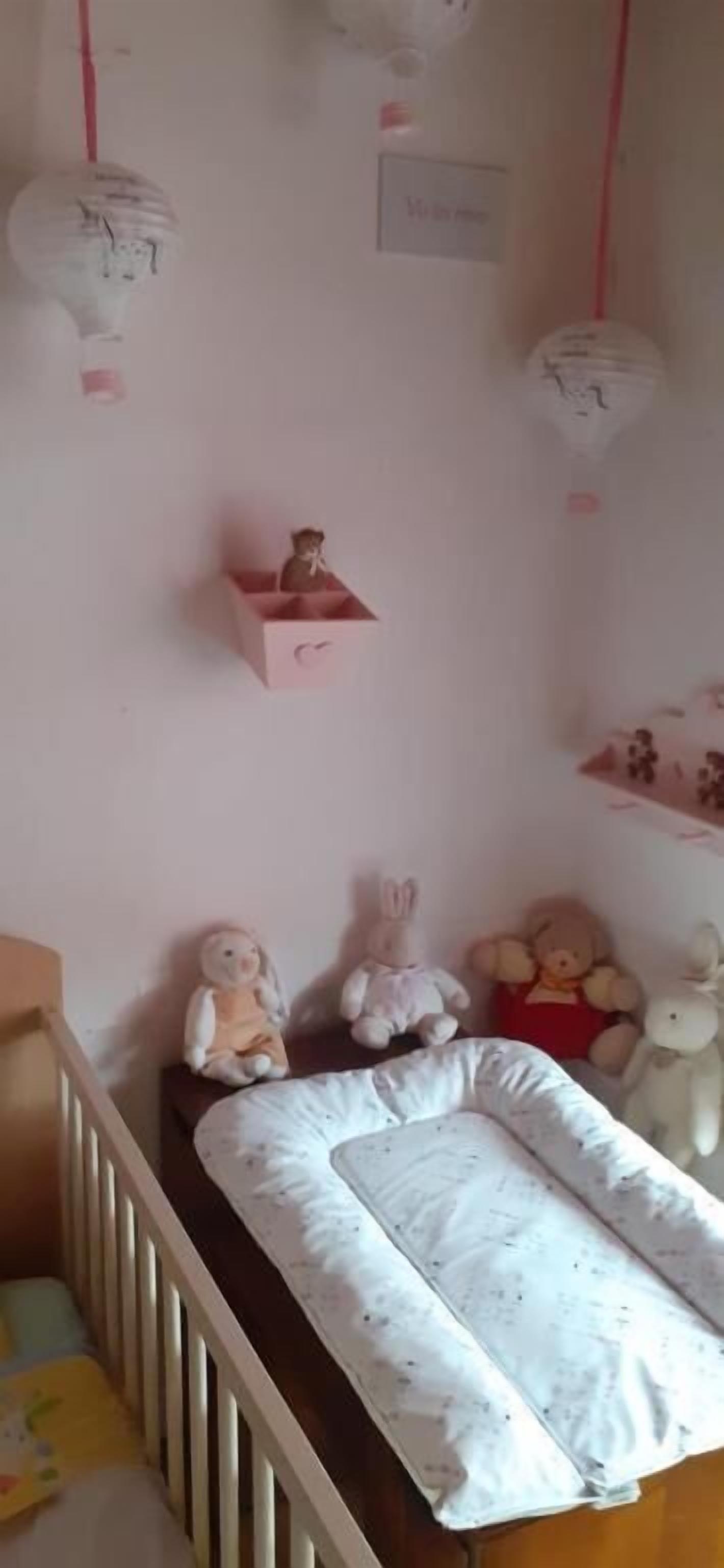 Ein Kinderzimmer mit einem Babybett, Kuscheltieren und einem an der Wand befestigten Regal mit einem Spielzeug.